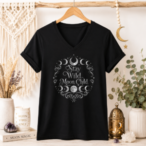 Stay Wild Moon Child | Celestial Moon Graphic Unisex Short Sleeve V-Neck Tee | Mystic Moon Root