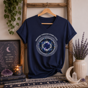 Growing Through Every Cycle | Moon Phase Graphic Unisex Short Sleeve V-Neck Tee | Mystic Moon Root