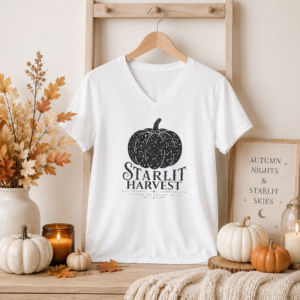 Starlit Harvest V-Neck T-Shirt | Celestial Pumpkin Fall Tee