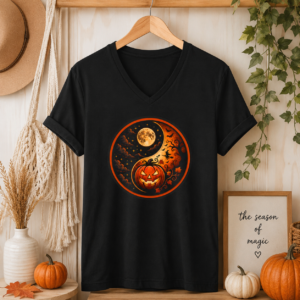 Balance of the Shadows Halloween V-Neck | Celestial Pumpkin Tee