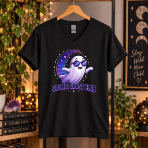 Cosmic Ghost Club V-Neck T-Shirt | Celestial Ghost Halloween Tee